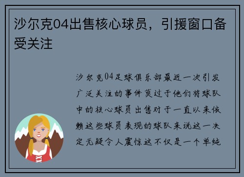沙尔克04出售核心球员，引援窗口备受关注