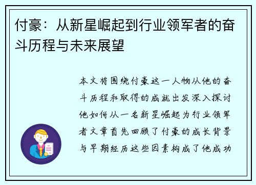 付豪：从新星崛起到行业领军者的奋斗历程与未来展望